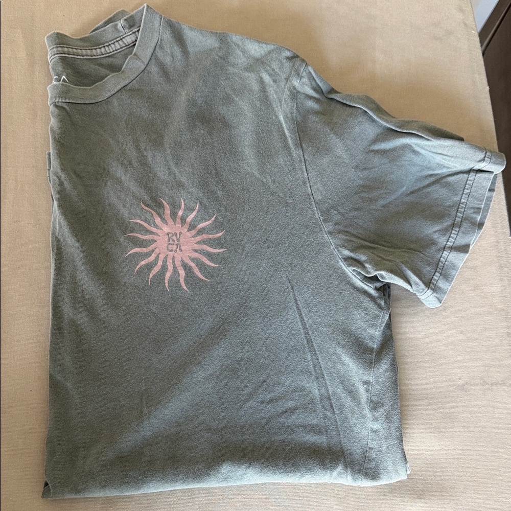 RVCA Men's Olive Short-Sleeve Graphic Tee with Pink Sun Motif